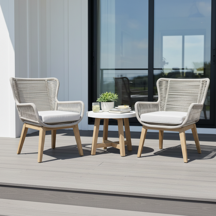 Kuhl 3 Piece Rope & Eucalyptus Timber Outdoor Chair Set - Whitewash