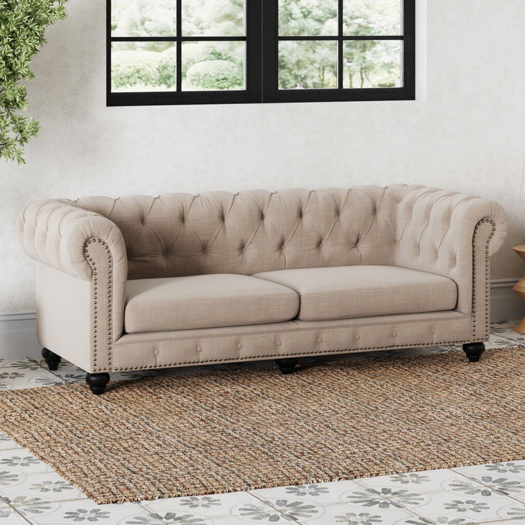 Landon 3 Seater Chesterfield Sofa - Natural Linen