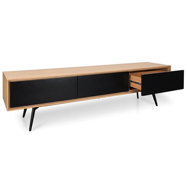 Liam 180cm Wooden TV Unit With Black Drawers - Natural