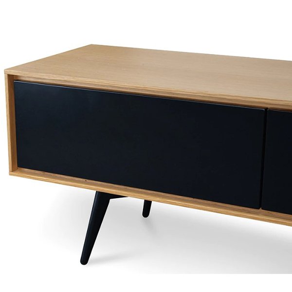 Liam 180cm Wooden TV Unit With Black Drawers - Natural