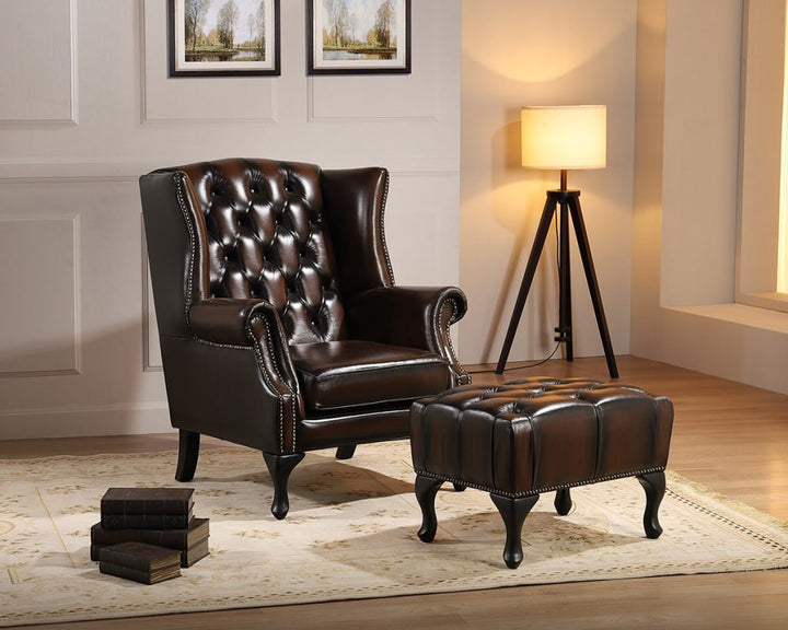 Max Chesterfield Leather Winged Armchair - Leather Antique Brown