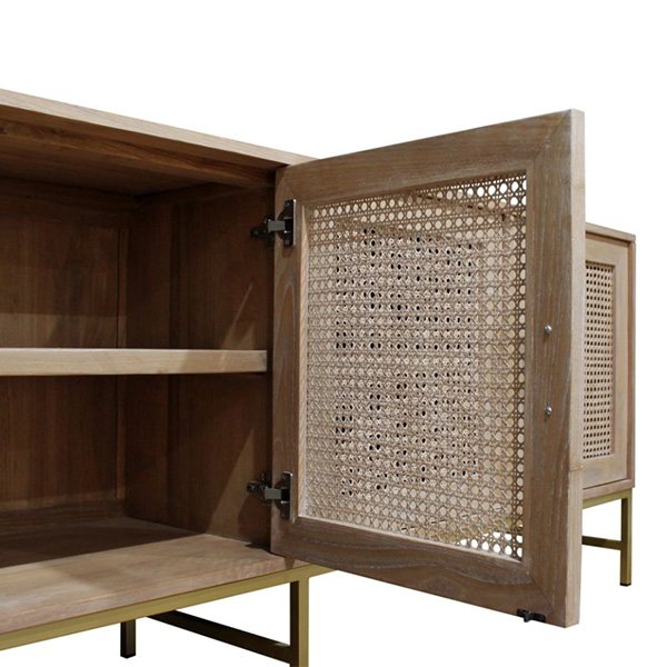 Hendry Oak Wood & Rattan 4 Door Buffet