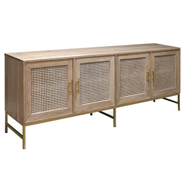 Hendry Oak Wood & Rattan 4 Door Buffet