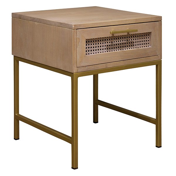 Hendry Oak Wood & Rattan Bedside Table