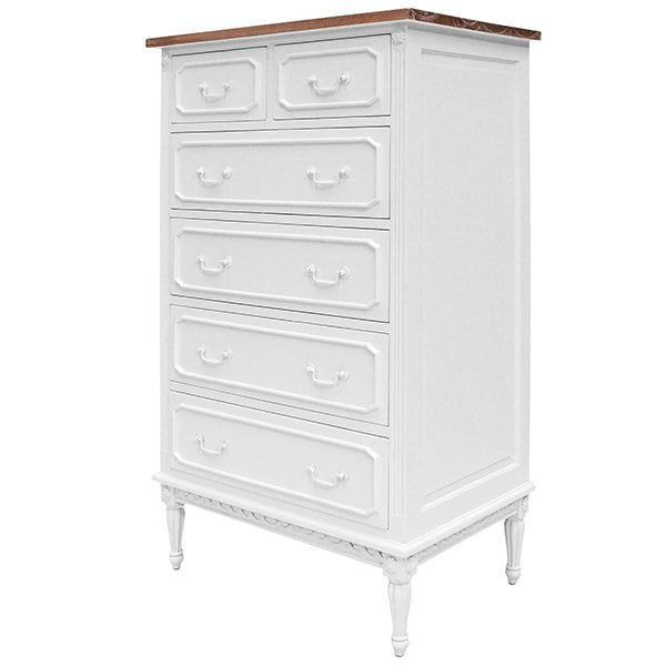 Marseille 6 Drawer Tallboy - White + Weathered Oak Top