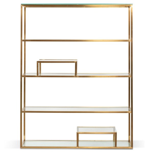 Maureen 1.4m Glass Shelving Unit - Brushed Gold Frame