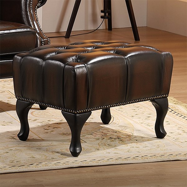 Max Chesterfield Leather Footstool - Leather Antique Brown
