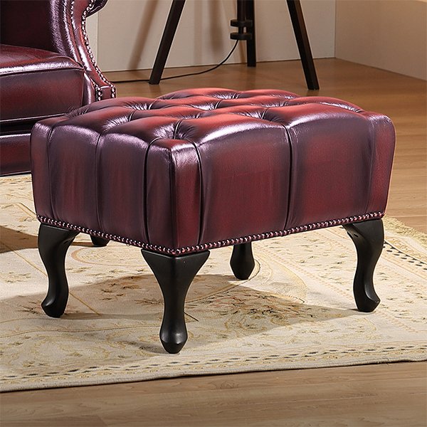 Max Chesterfield Leather Footstool - Leather Antique Red