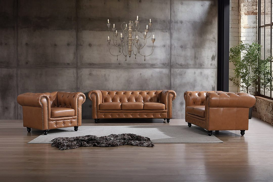 Max Chesterfield 2 Seater Leather Sofa - Cowhide Tan Leather