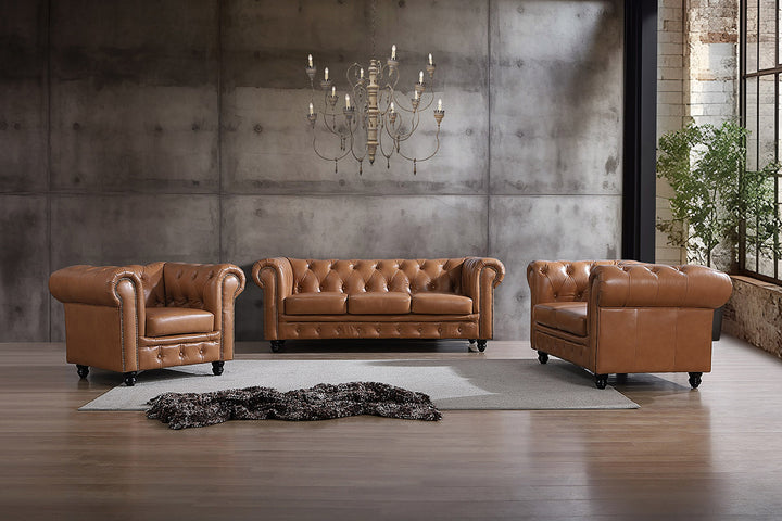 Max Chesterfield 2 Seater Leather Sofa - Cowhide Tan Leather