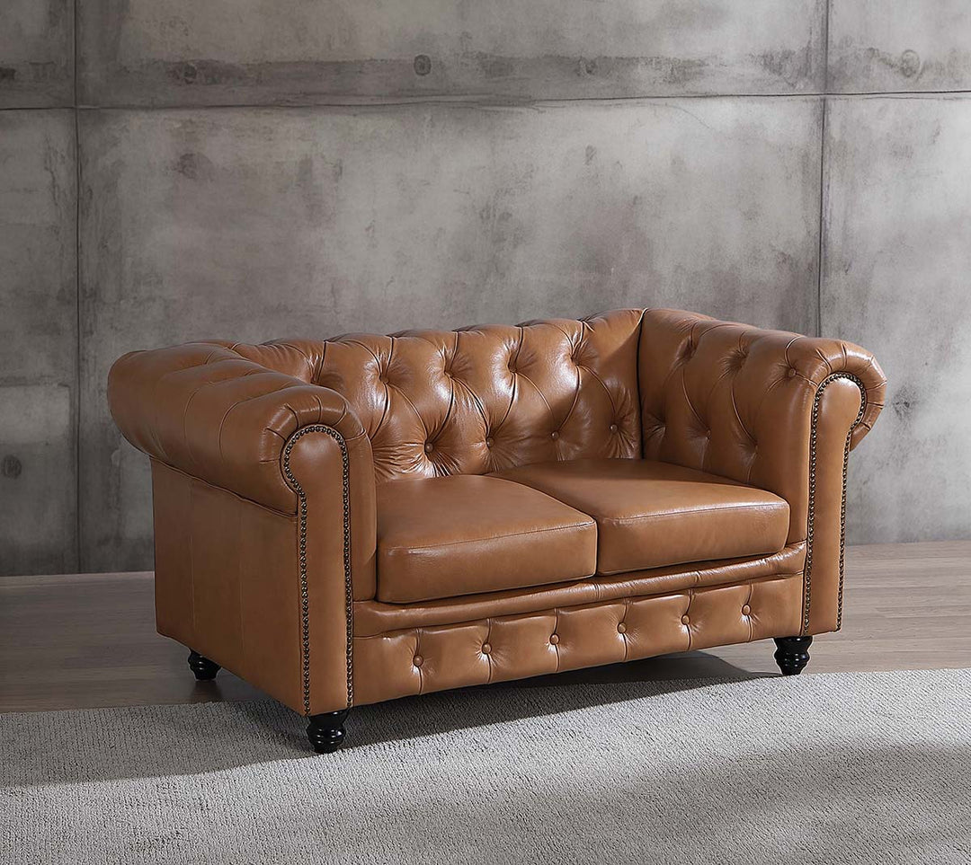 Max Chesterfield 2 Seater Leather Sofa - Cowhide Tan Leather
