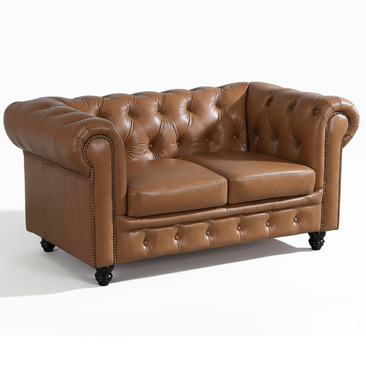Max Chesterfield 2 Seater Leather Sofa - Cowhide Tan Leather