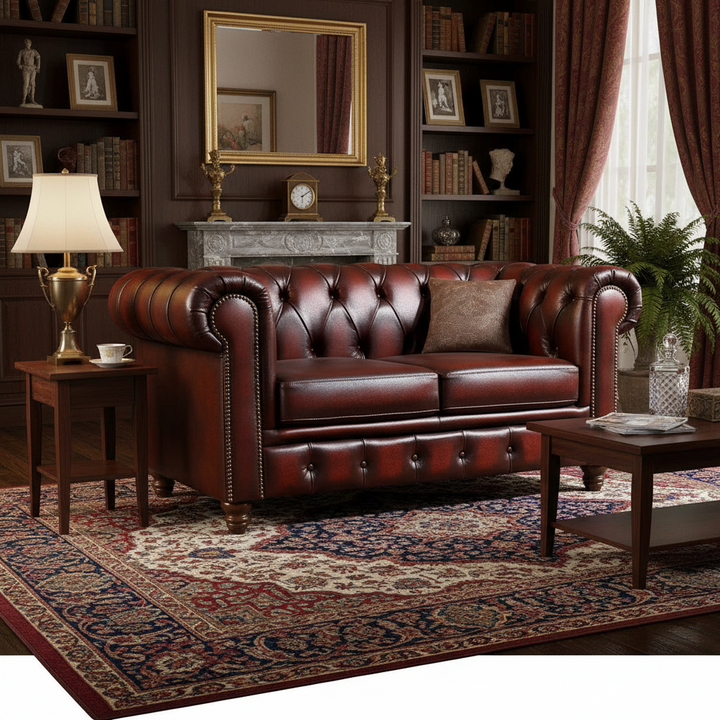 Max Chesterfield 2 Seater Leather Sofa - Leather Antique Red