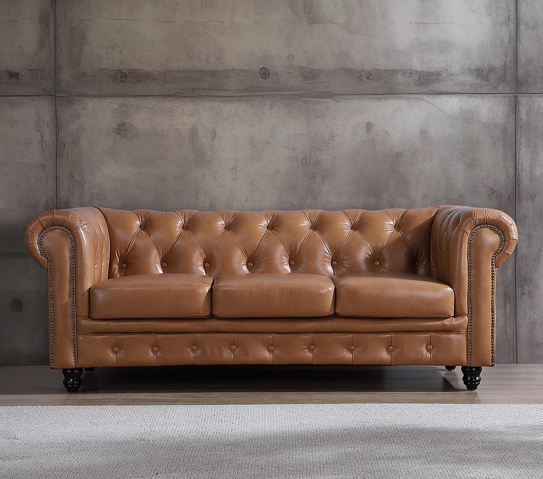 Max Chesterfield 3 Seater Leather Sofa - Cowhide Tan Leather