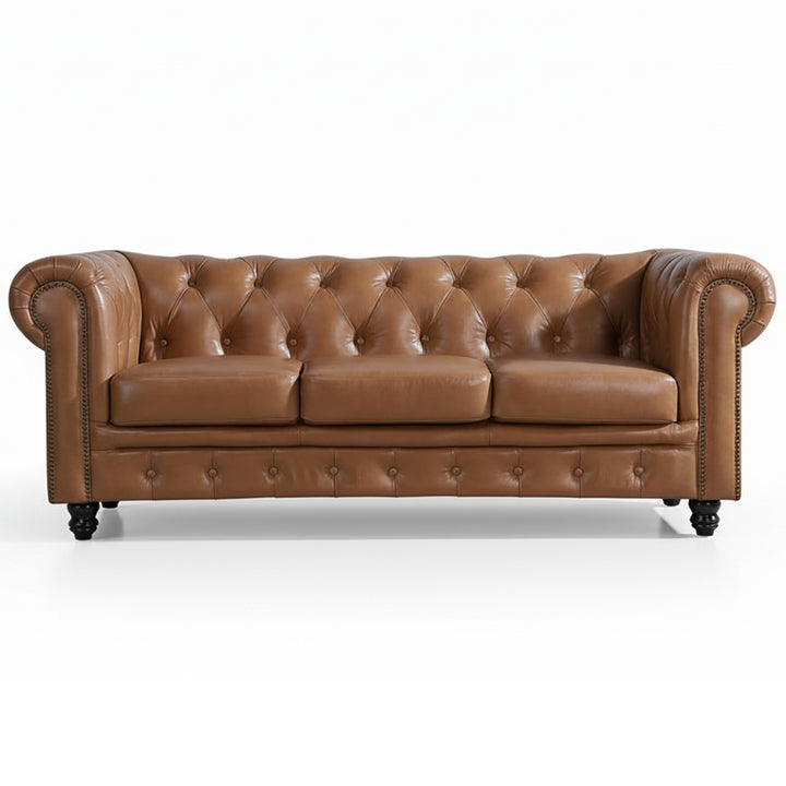 Max Chesterfield 3 Seater Leather Sofa - Cowhide Tan Leather