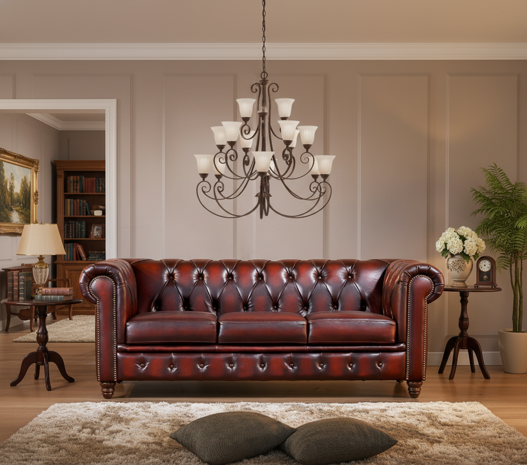 Max Chesterfield 3 Seater Leather Sofa - Leather Antique Red