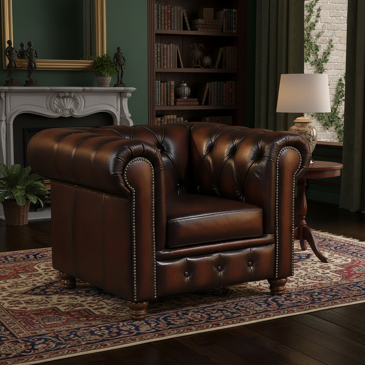 Max Chesterfield Leather Single Seater Armchair - Antique Brown