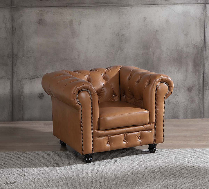 Max Chesterfield Leather Single Seater Armchair - Cowhide Tan Leather
