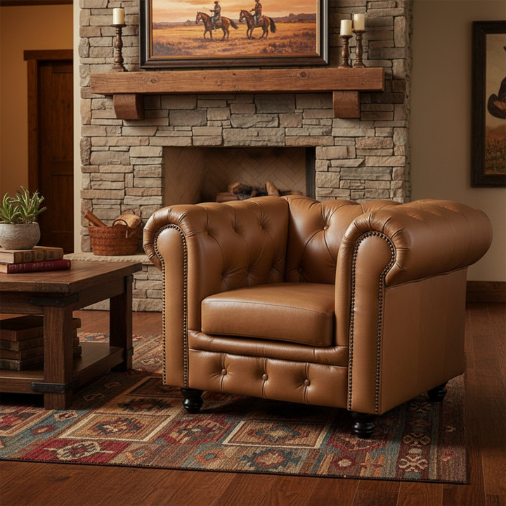 Max Chesterfield Leather Single Seater Armchair - Cowhide Tan Leather