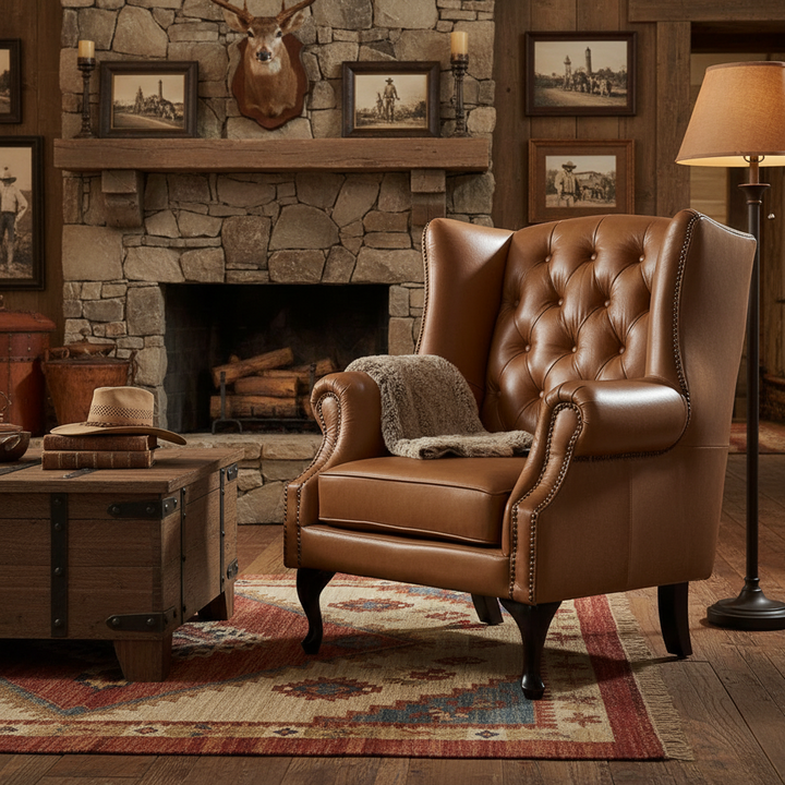 Max Chesterfield Leather Winged Armchair - Cowhide Tan Leather