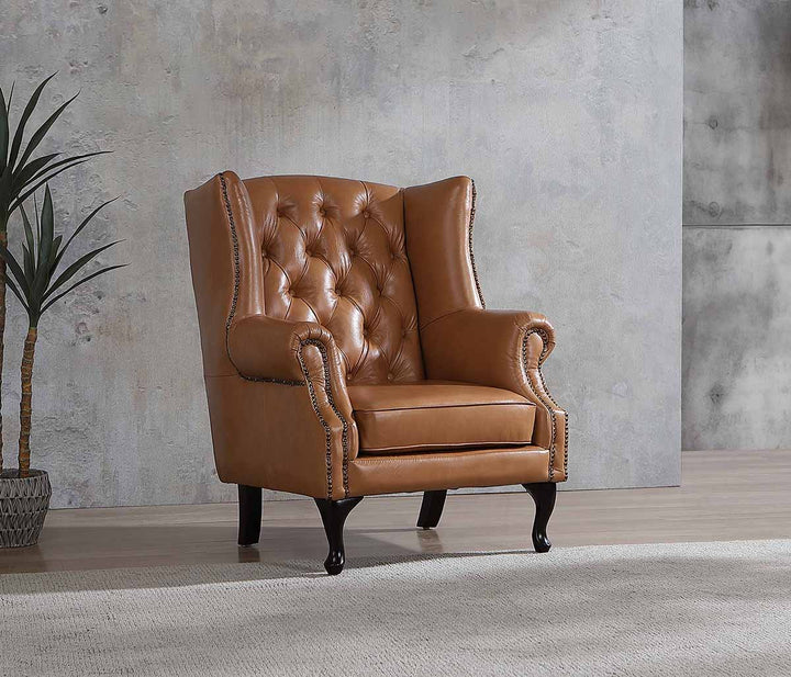 Max Chesterfield Leather Winged Armchair - Cowhide Tan Leather