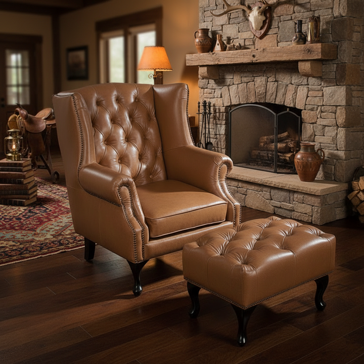 Max Chesterfield Leather Footstool - Cowhide Tan Leather