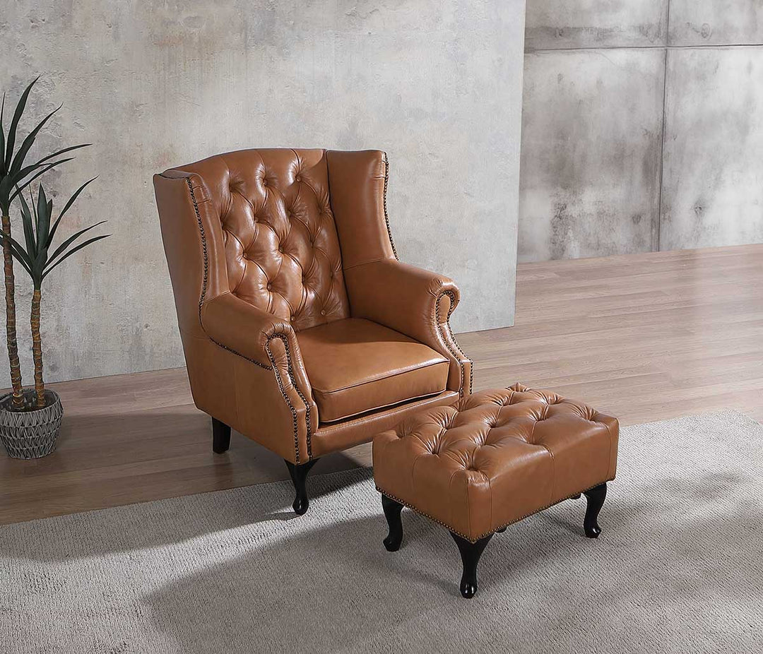 Max Chesterfield Leather Footstool - Cowhide Tan Leather
