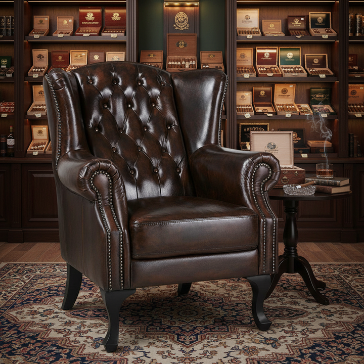 Max Chesterfield Leather Winged Armchair - Leather Antique Brown