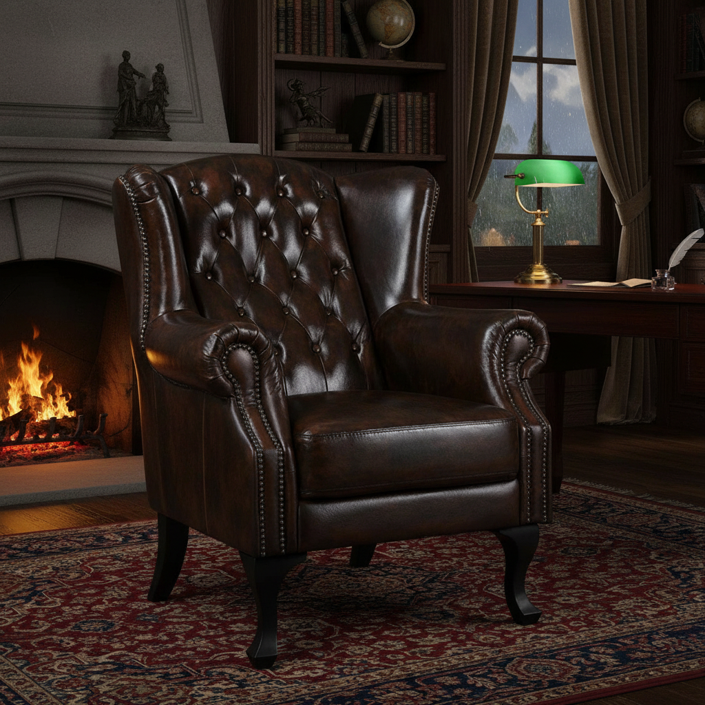 Max Chesterfield Leather Winged Armchair - Leather Antique Brown