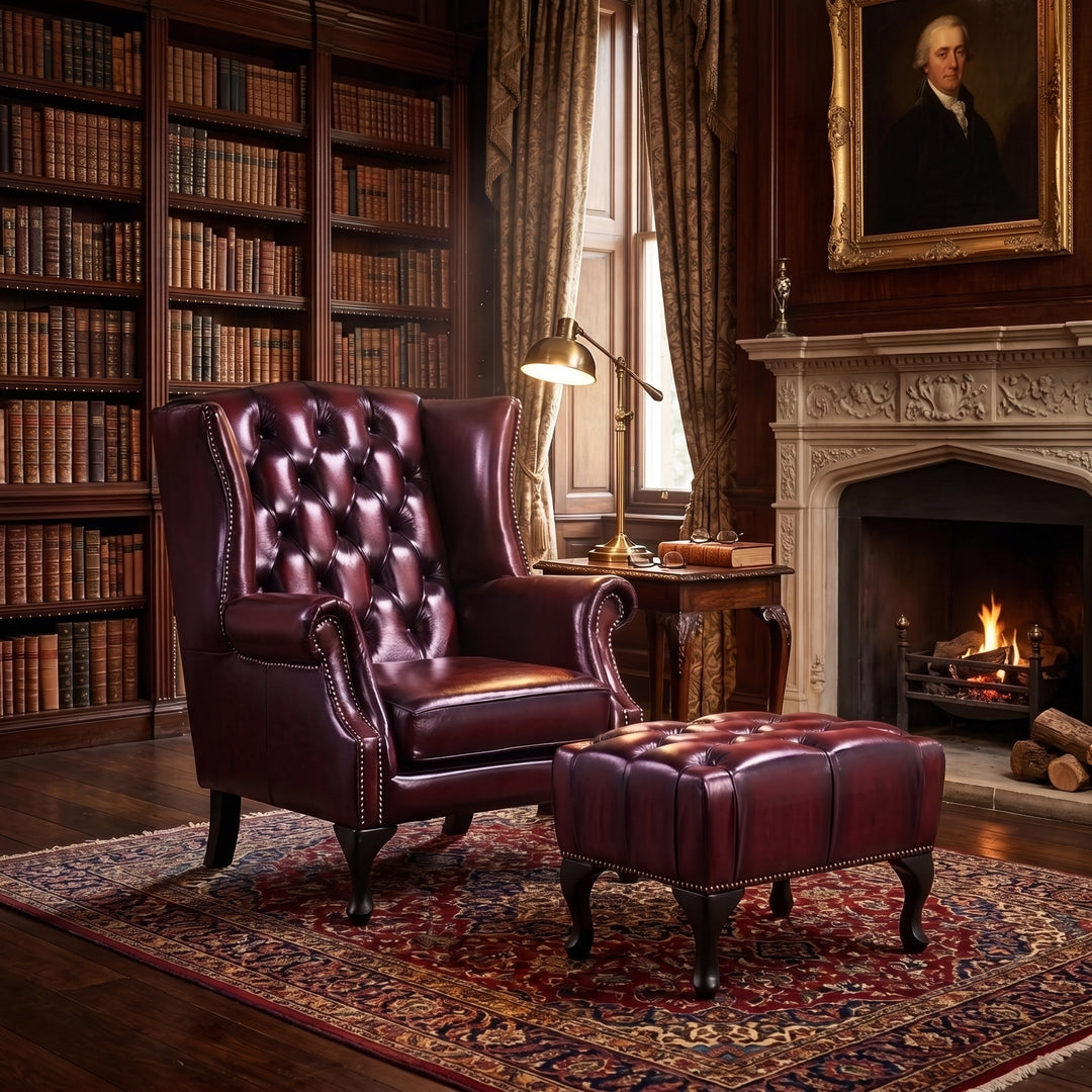 Max Chesterfield Leather Winged Armchair - Leather Antique Red