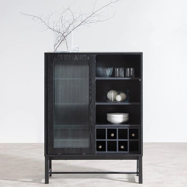 Maynard Black Bar Cabinet - Flute Glass Doors