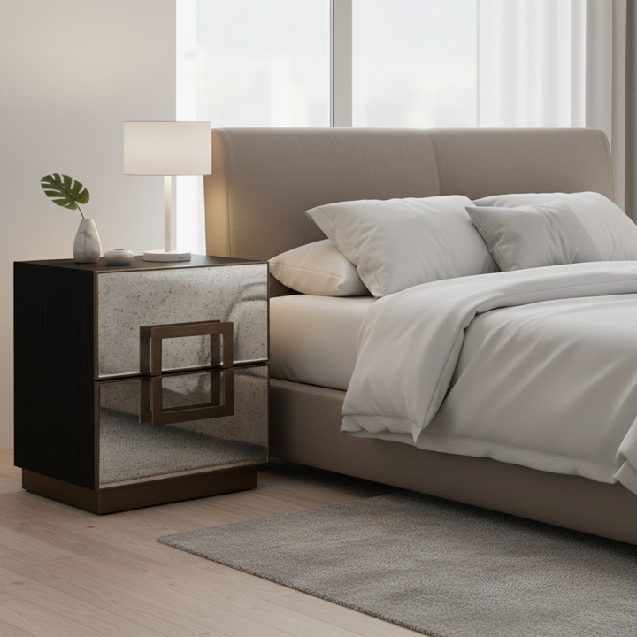 Mira Mirrored Bedside Table - Antique Bronze