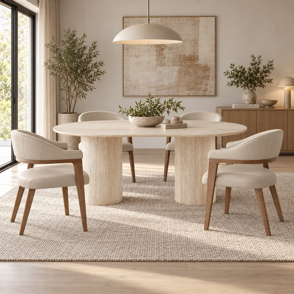 Monitola Fabric Dining Chairs - Beige + Walnut