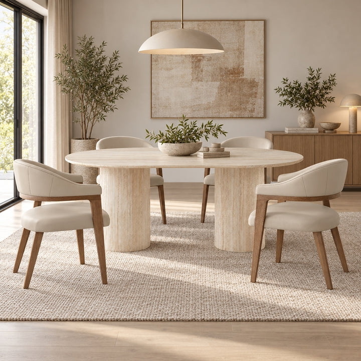 Monitola Fabric Dining Chairs - Beige + Walnut