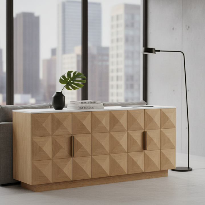 Nadine Designer Sideboard - Natural Oak + White Marble