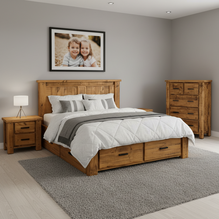 Niles Pine Wood Bed with Storage 4 Piece Bedroom Package – King
