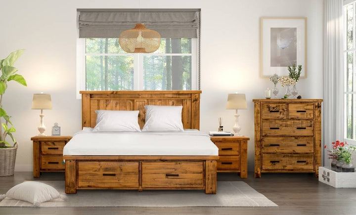 Niles Pine Wood Bed with Storage 4 Piece Bedroom Package - Queen