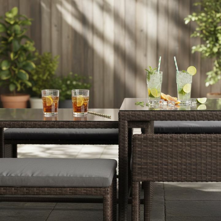 Prestons 6 Piece Resin Wicker Outdoor Nested Dining Table & Bench Set - Brown