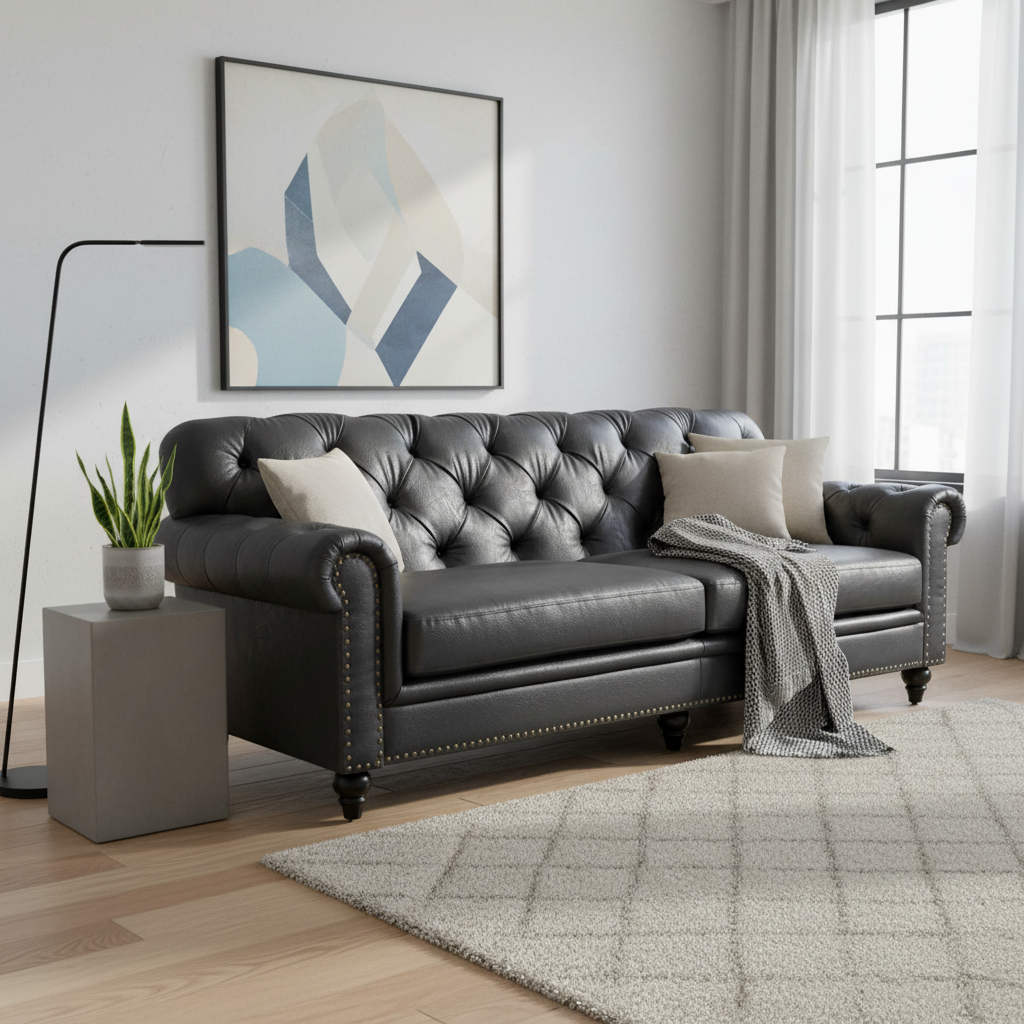 Primavera 3 Seater Leather Sofa - Black