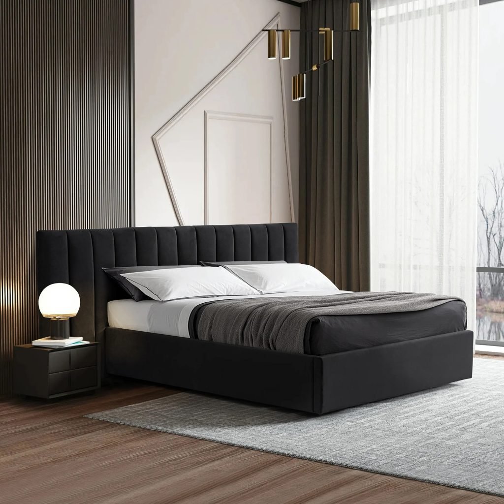 Ralph Wide Base Queen Bed Frame - Black Velvet