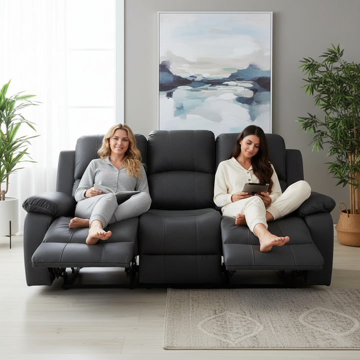Rivoire 3 Seater Manual Recliner Sofa - Black