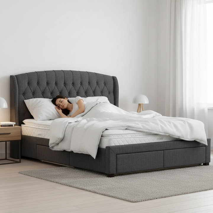 Rutherford King Fabric Bed with Drawers – Charcoal