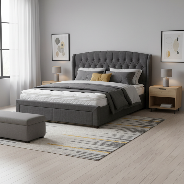 Rutherford King Fabric Bed with Drawers – Charcoal