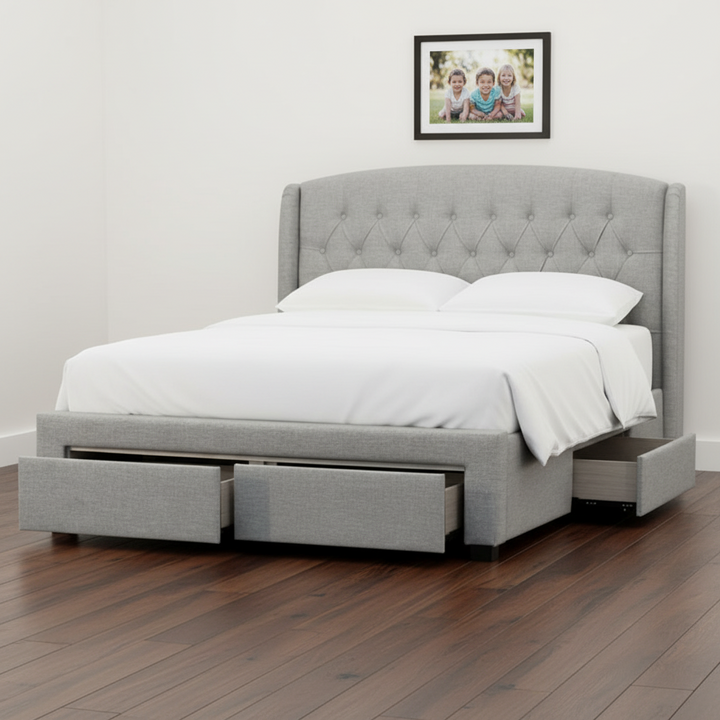 Rutherford King Fabric Bed with Drawers – Grey