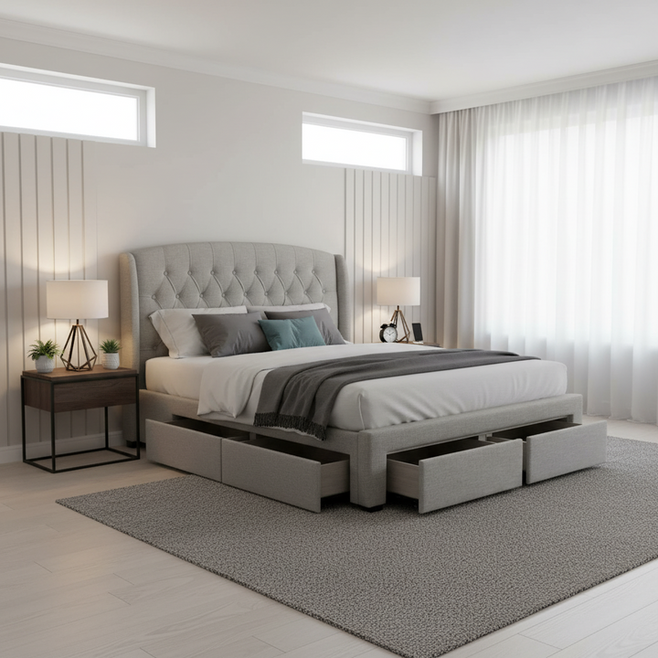 Rutherford King Fabric Bed with Drawers – Grey