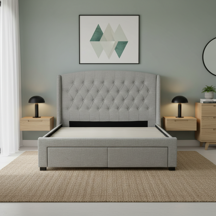 Rutherford King Fabric Bed with Drawers – Grey