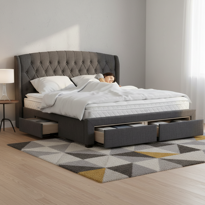 Rutherford Queen Fabric Bed with Drawers – Charcoal