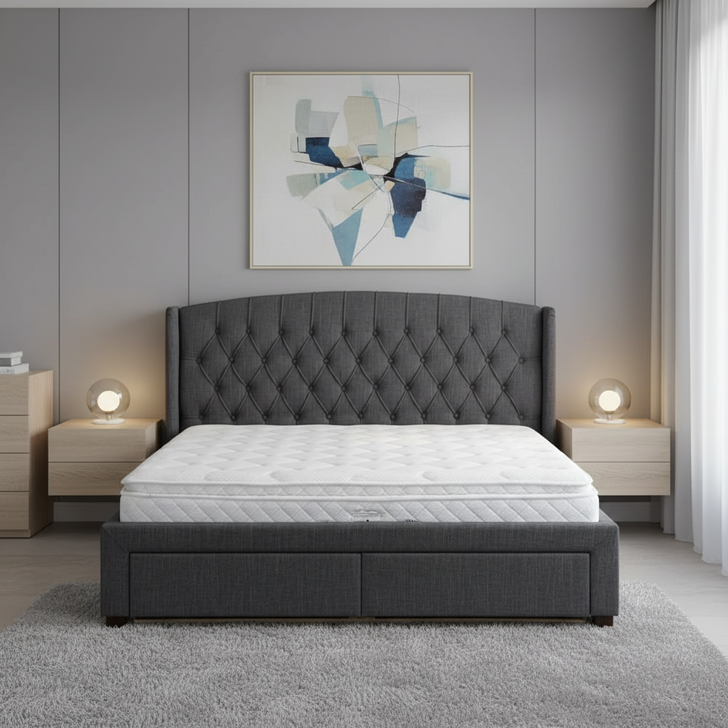 Rutherford Queen Fabric Bed with Drawers – Charcoal