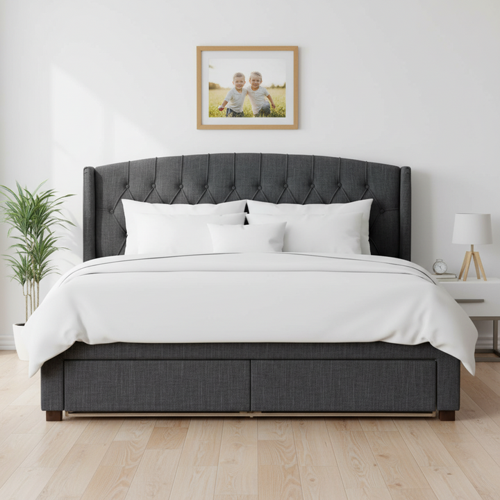 Rutherford Queen Fabric Bed with Drawers – Charcoal