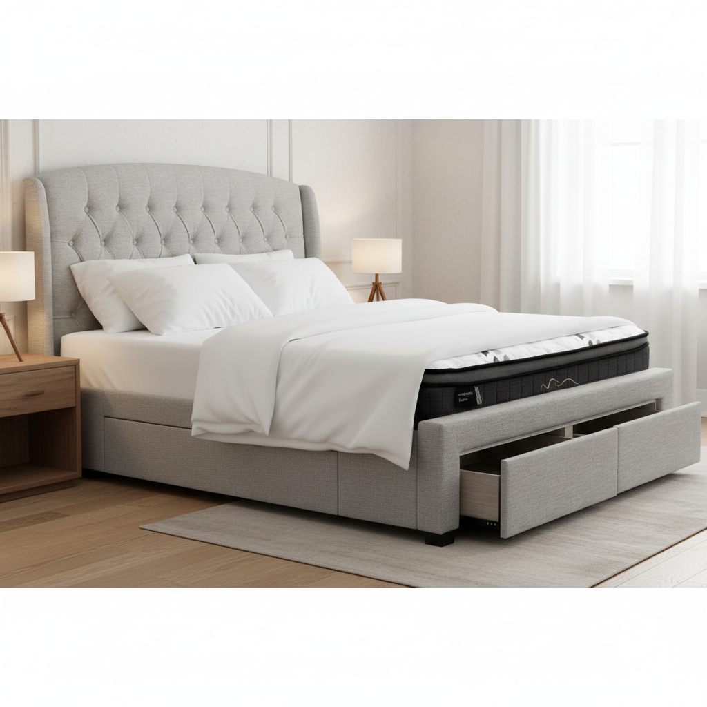 Rutherford Queen Fabric Bed with Drawers – Grey